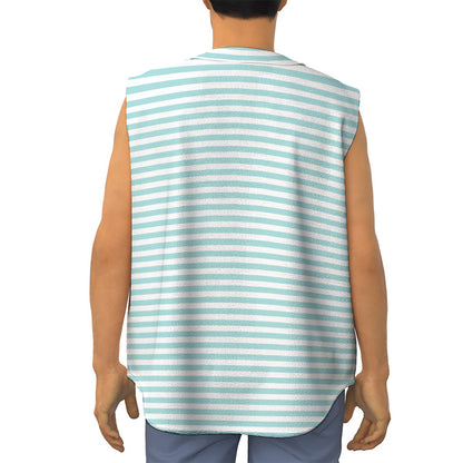 White And Cyan Striped Pattern Print Sleeveless Baseball Jersey