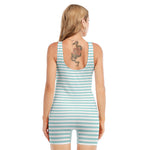 White And Cyan Striped Pattern Print Sleeveless One Piece Swimsuit