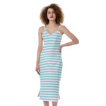 White And Cyan Striped Pattern Print Slim Fit Midi Cami Dress