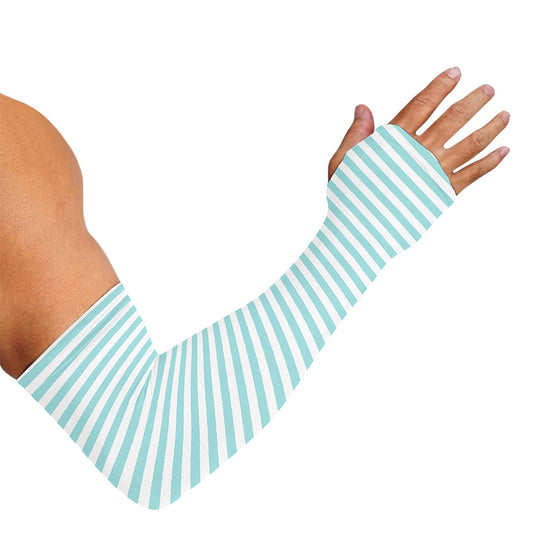 White And Cyan Striped Pattern Print Sun Protection Arm Sleeves