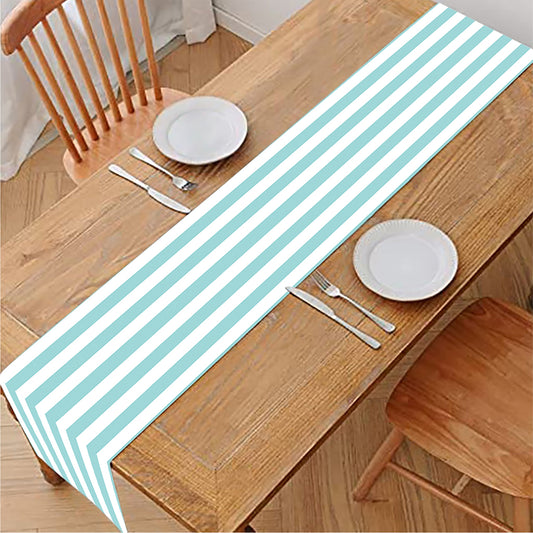 White And Cyan Striped Pattern Print Table Runner