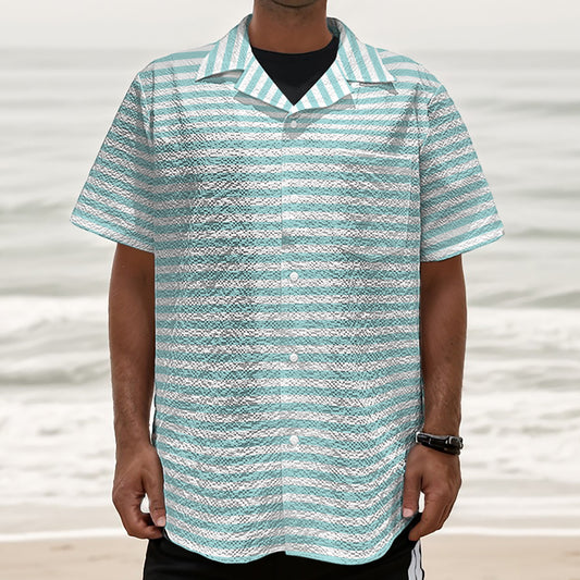 White And Cyan Striped Pattern Print Textured Short Sleeve Shirt