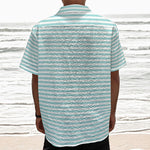 White And Cyan Striped Pattern Print Textured Short Sleeve Shirt