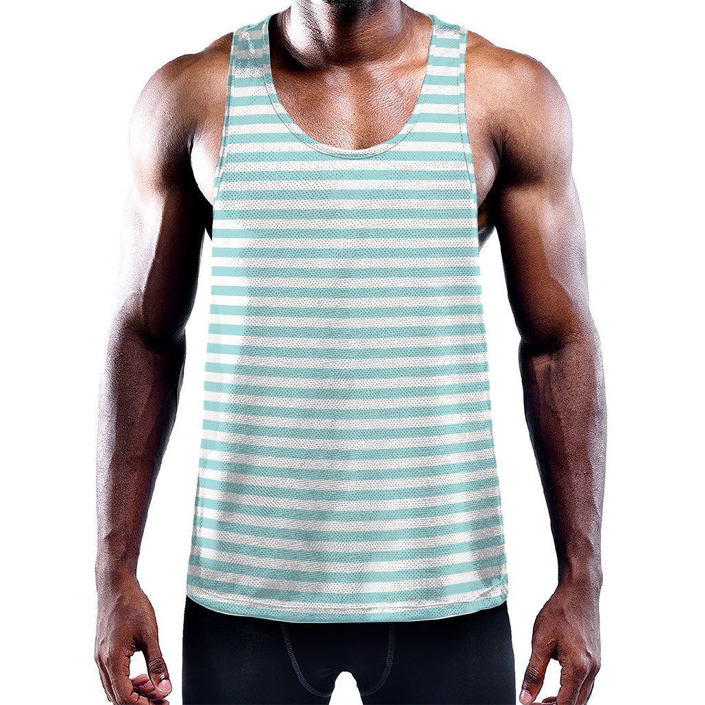 White And Cyan Striped Pattern Print Training Tank Top