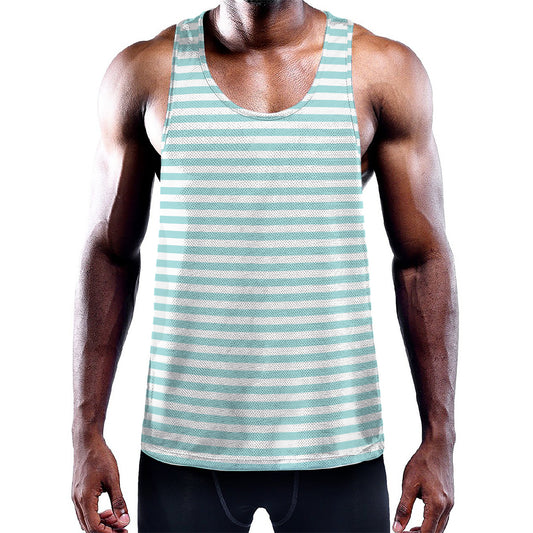 White And Cyan Striped Pattern Print Training Tank Top