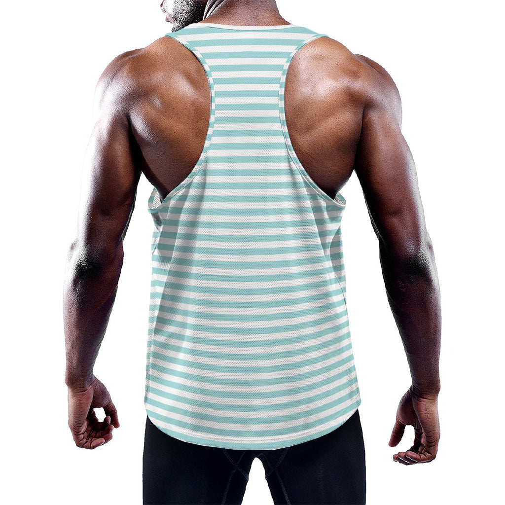 White And Cyan Striped Pattern Print Training Tank Top