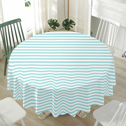 White And Cyan Striped Pattern Print Waterproof Round Tablecloth