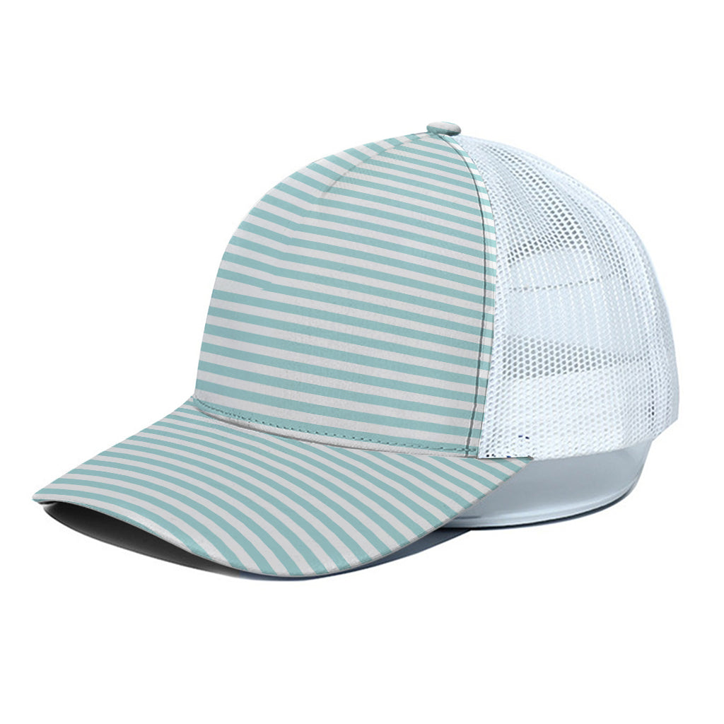 White And Cyan Striped Pattern Print White Mesh Trucker Cap