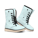 White And Cyan Striped Pattern Print Winter Boots