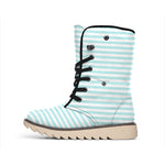 White And Cyan Striped Pattern Print Winter Boots