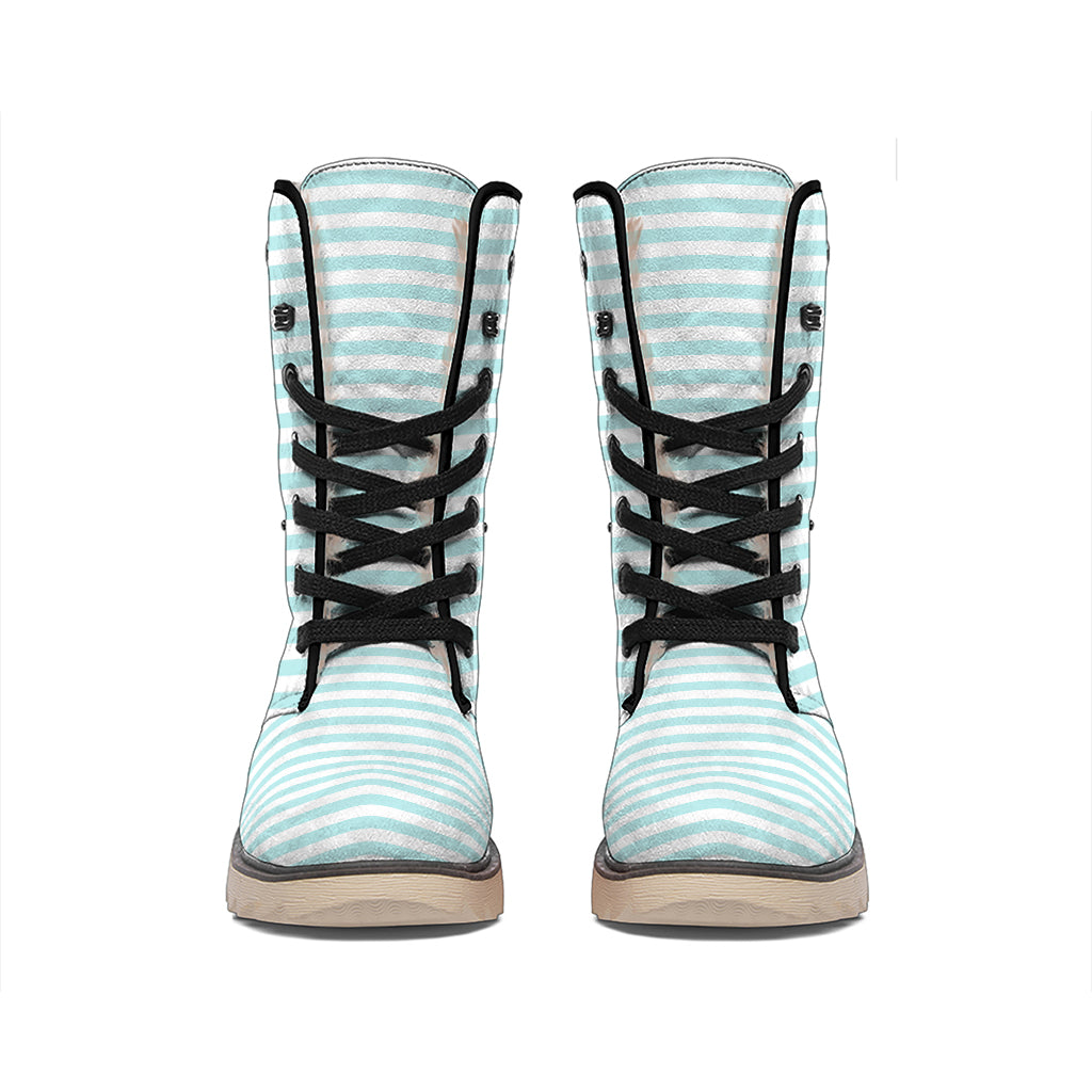 White And Cyan Striped Pattern Print Winter Boots