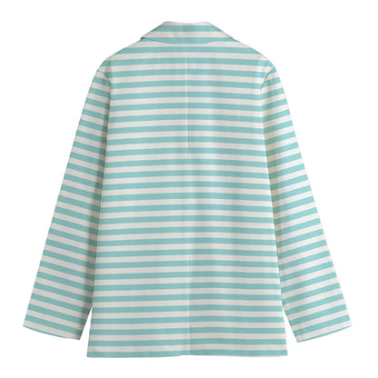 White And Cyan Striped Pattern Print Women's Blazer