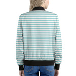White And Cyan Striped Pattern Print Women's Bomber Jacket