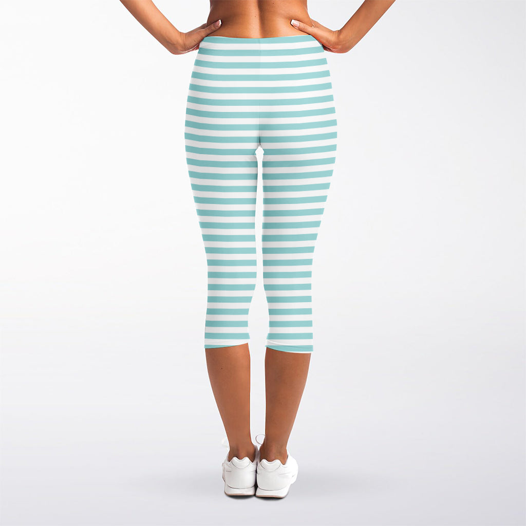 White And Cyan Striped Pattern Print Women's Capri Leggings
