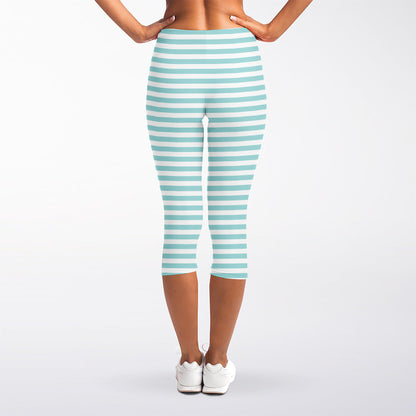 White And Cyan Striped Pattern Print Women's Capri Leggings