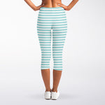 White And Cyan Striped Pattern Print Women's Capri Leggings