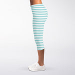 White And Cyan Striped Pattern Print Women's Capri Leggings