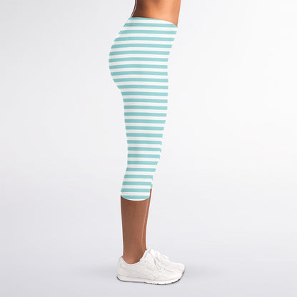 White And Cyan Striped Pattern Print Women's Capri Leggings