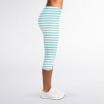 White And Cyan Striped Pattern Print Women's Capri Leggings