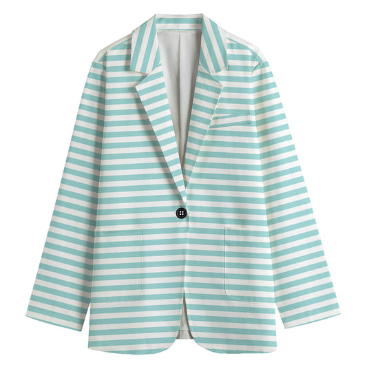 White And Cyan Striped Pattern Print Women's Cotton Blazer