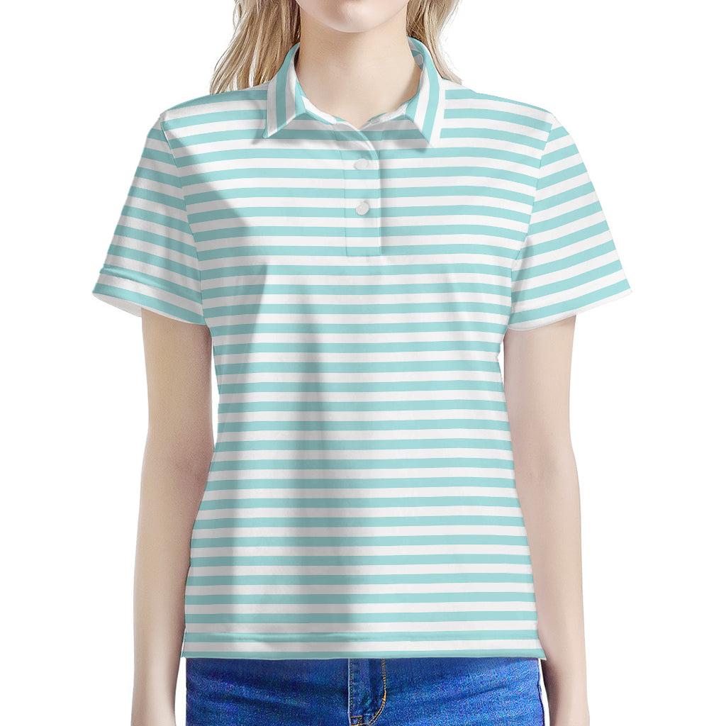 White And Cyan Striped Pattern Print Women's Polo Shirt