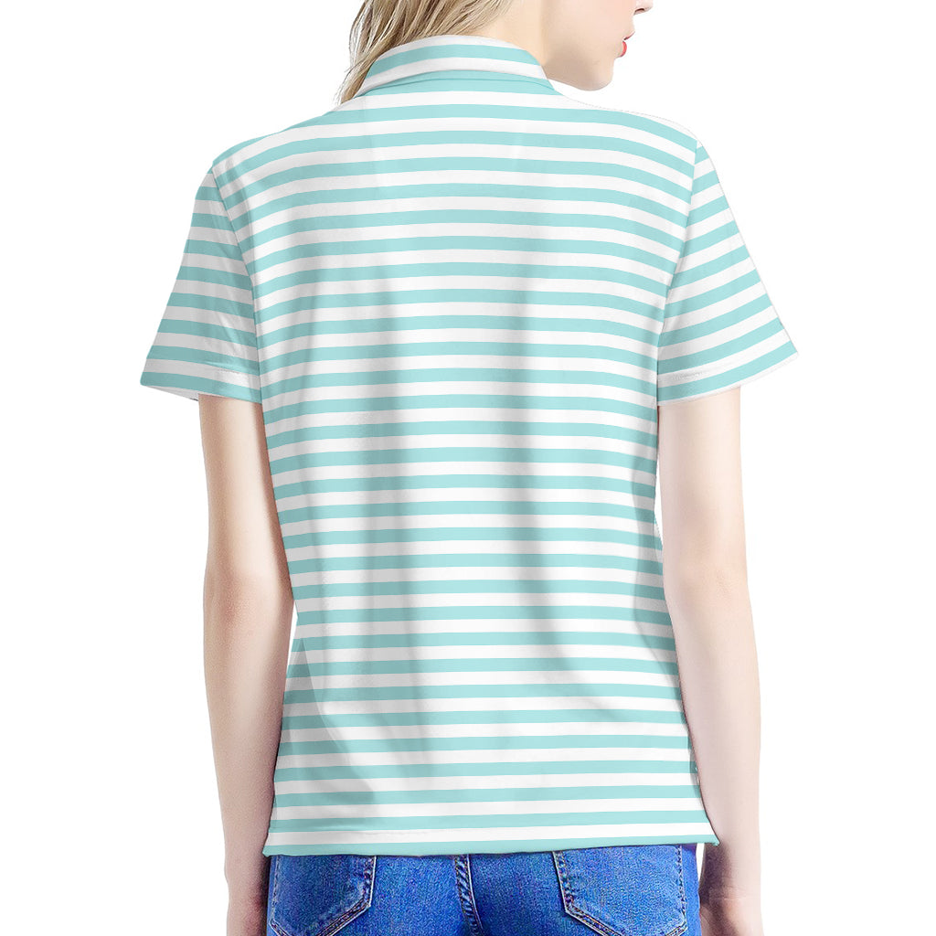 White And Cyan Striped Pattern Print Women's Polo Shirt