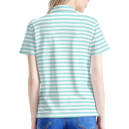 White And Cyan Striped Pattern Print Women's Polo Shirt