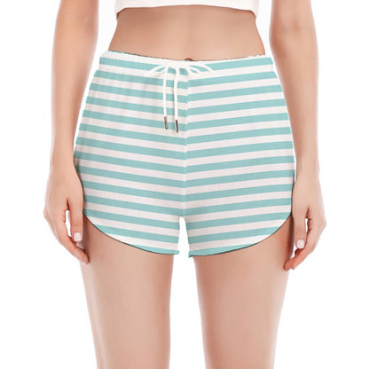 White And Cyan Striped Pattern Print Women's Split Running Shorts