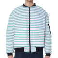 White And Cyan Striped Pattern Print Zip Sleeve Bomber Jacket