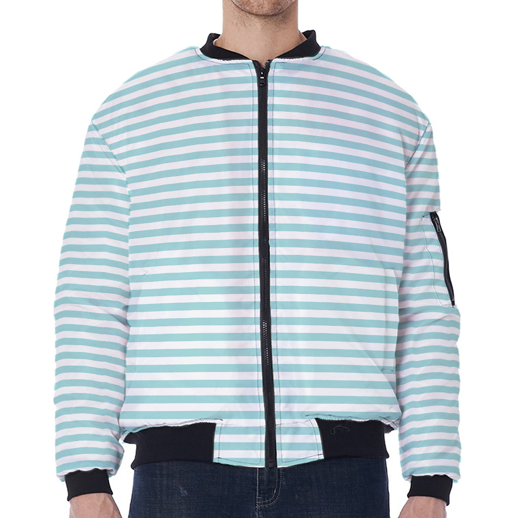 White And Cyan Striped Pattern Print Zip Sleeve Bomber Jacket