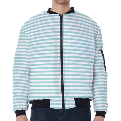 White And Cyan Striped Pattern Print Zip Sleeve Bomber Jacket