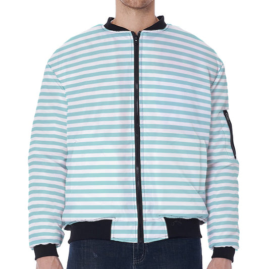 White And Cyan Striped Pattern Print Zip Sleeve Bomber Jacket