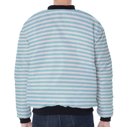 White And Cyan Striped Pattern Print Zip Sleeve Bomber Jacket