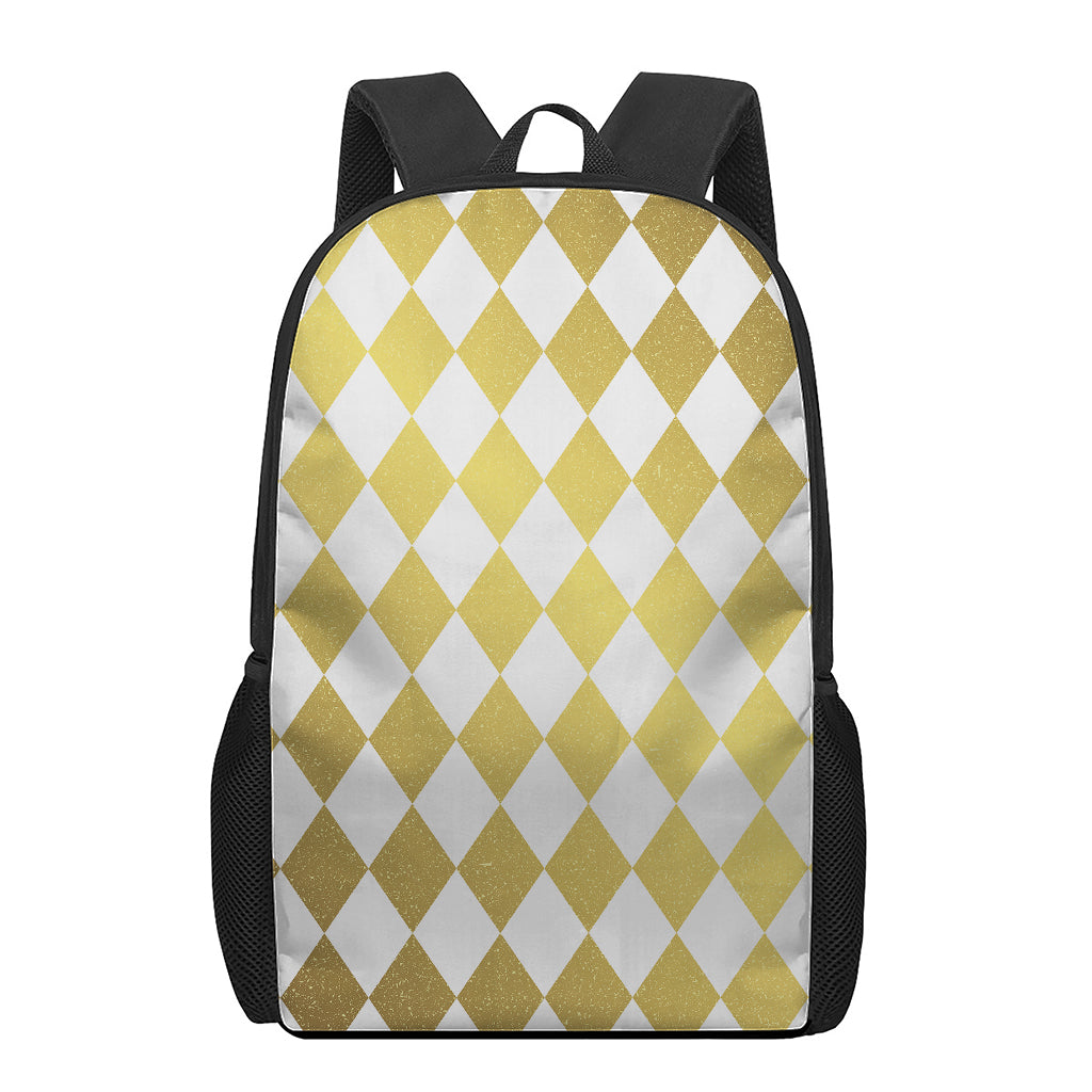 White And Gold Harlequin Pattern Print 17 Inch Backpack