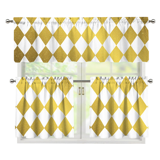White And Gold Harlequin Pattern Print 3 Piece Kitchen Curtains