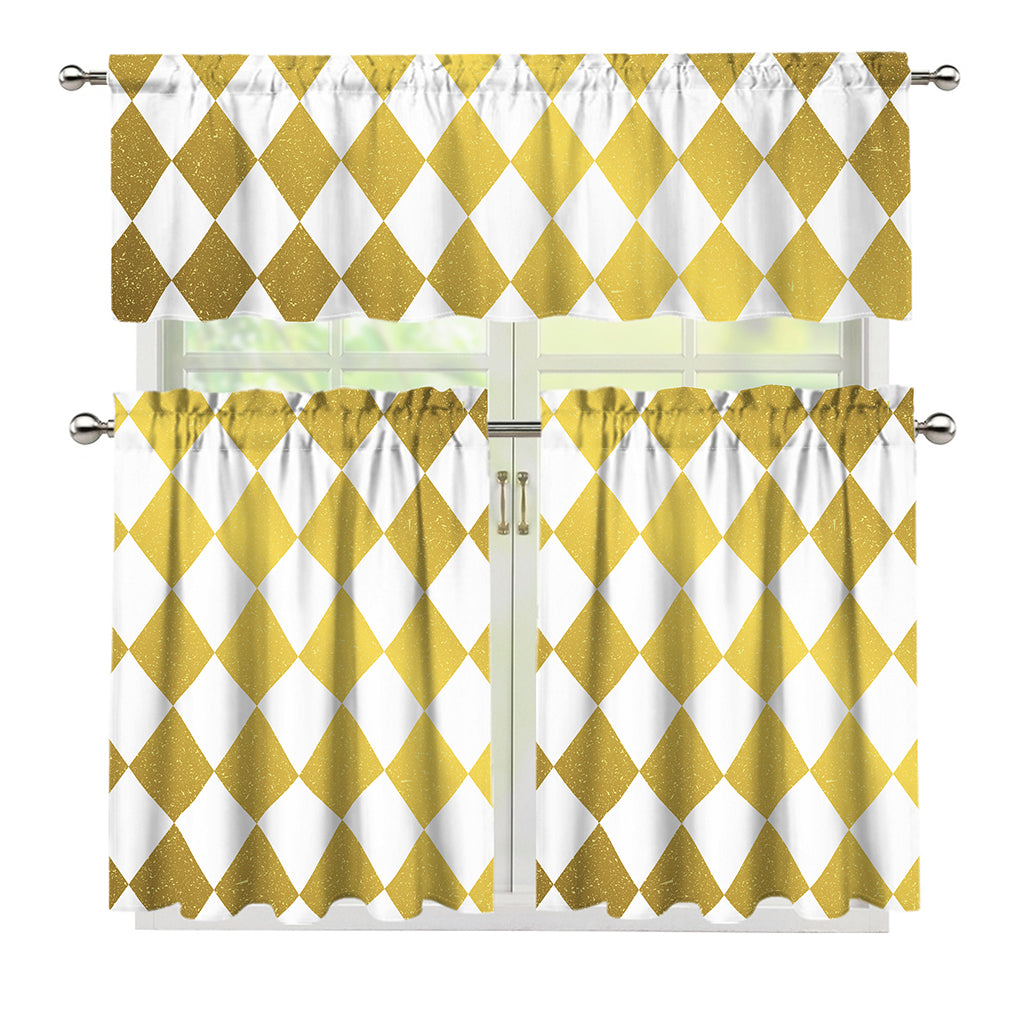 White And Gold Harlequin Pattern Print 3 Piece Kitchen Curtains