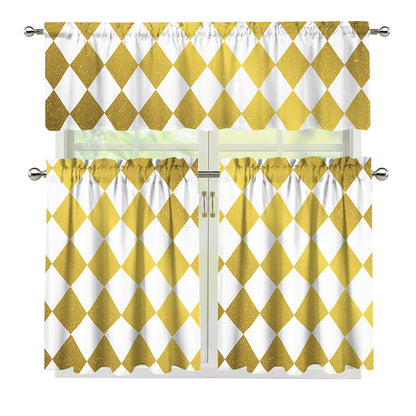 White And Gold Harlequin Pattern Print 3 Piece Kitchen Curtains