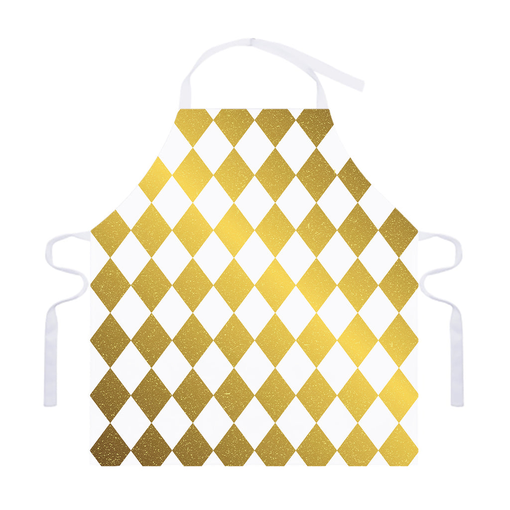 White And Gold Harlequin Pattern Print Adjustable Apron