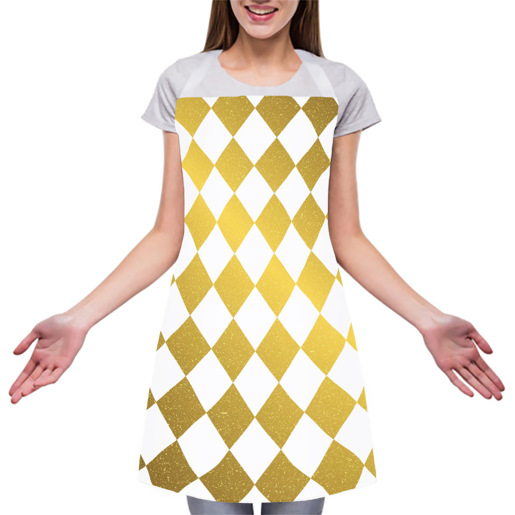 White And Gold Harlequin Pattern Print Adjustable Apron