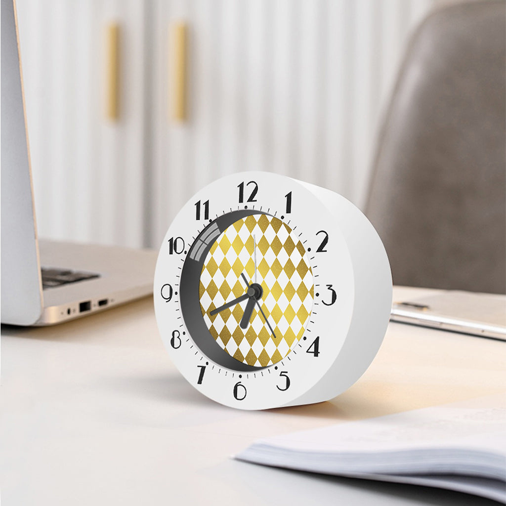 White And Gold Harlequin Pattern Print Alarm Clock