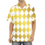 White And Gold Harlequin Pattern Print Aloha Shirt