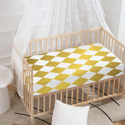 White And Gold Harlequin Pattern Print Baby Crib Sheet