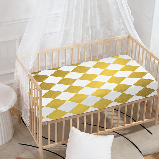 White And Gold Harlequin Pattern Print Baby Crib Sheet