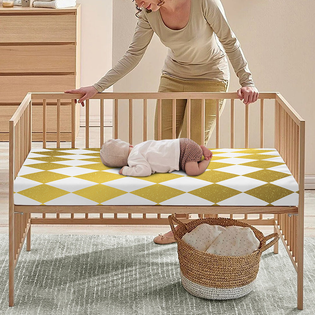 White And Gold Harlequin Pattern Print Baby Crib Sheet