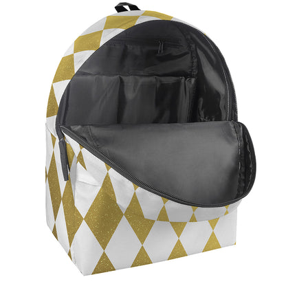 White And Gold Harlequin Pattern Print Backpack
