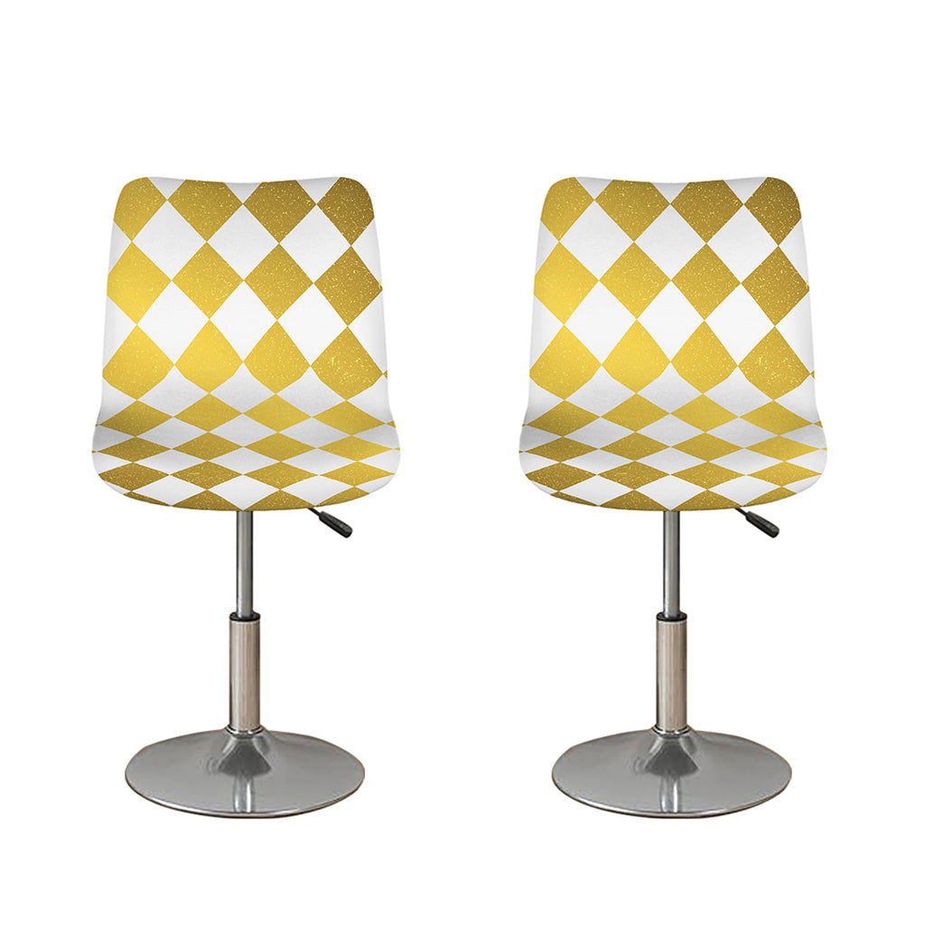 White And Gold Harlequin Pattern Print Bar Stool Covers