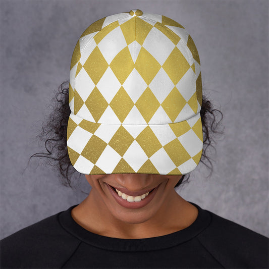 White And Gold Harlequin Pattern Print Baseball Cap