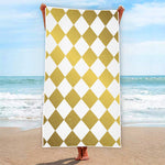 White And Gold Harlequin Pattern Print Beach Towel