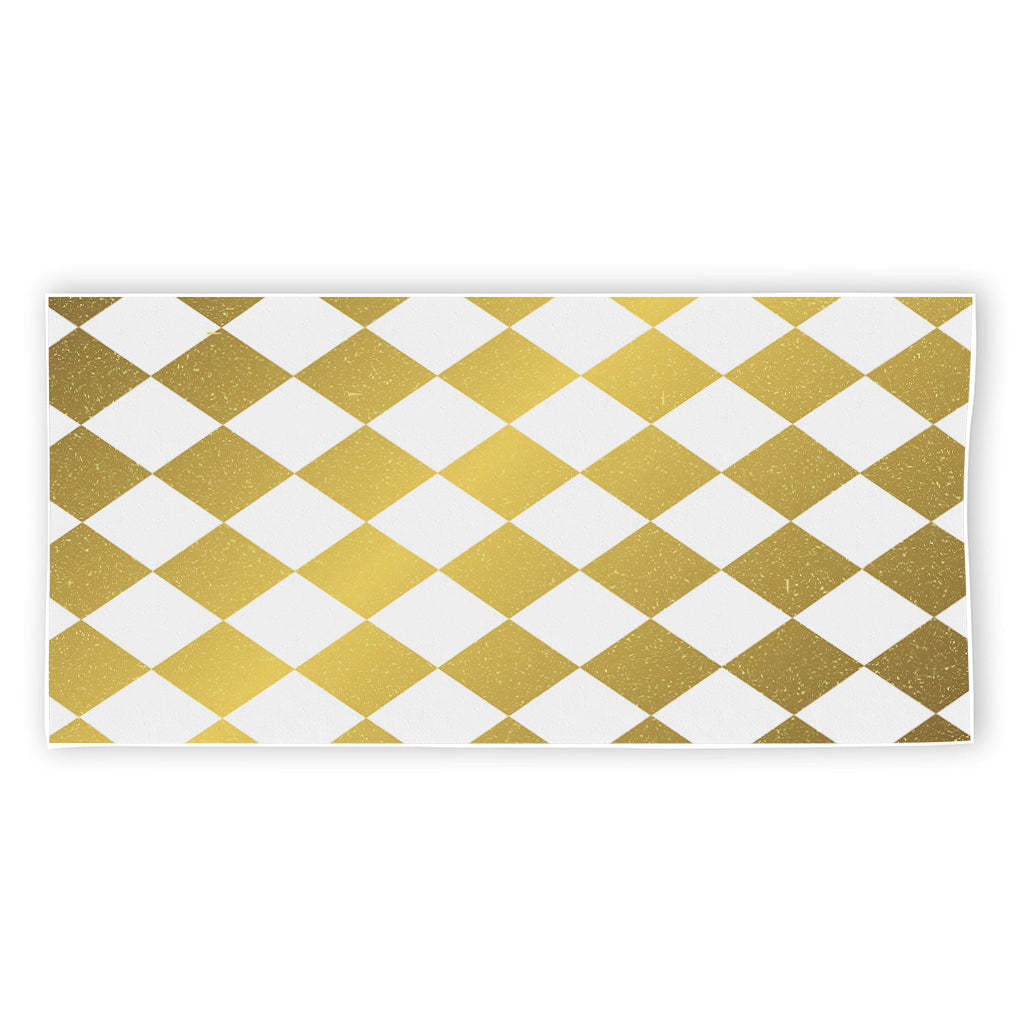 White And Gold Harlequin Pattern Print Beach Towel