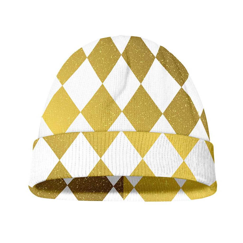 White And Gold Harlequin Pattern Print Beanie